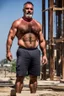 Placeholder: full figure shot photography of a wet sweat beefy and very virile 44-year-old burly turkish construction worker, long beard, in tank top, bulge, works hard very sweaty on a construction site in the sun, underlines the shine of the sweat in the sun's rays and the fatigue of the muscles, manly chest, , big legs, big belly , side view, photorealistic , side light