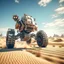 Placeholder: selfie of dangerous bot jumping a truck in the desert, photo-realistic, shot on Hasselblad h6d-400c, zeiss prime lens, bokeh like f/0.8, tilt-shift lens 8k, high detail, smooth render, down-light, unreal engine, downlight