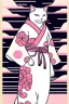 Placeholder: ukiyo-e style print of a white cat with a human body wearing a soft pink yukata and walking by the sea