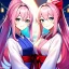 Placeholder: Clear focus, 8k, high quality, detailed, beautiful lighting, girl, vibrant colors, pink long hair, vibrant blue eyes, twins, miko, ponytail, smile