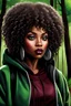 Placeholder: HYPER REALISTIC Graffiti, closeup portrait, WHIMSICAL DIGITAL ILLUSTRATION, HD, HIGH CONTRAST CHIBI STYLE STUNNING AFRICAN AMERICAN WOMAN WITH BEAUTIFUL large, green-colored EYES, fierce makeup, black shoulder length curly hair, LONG LASHES AND LIP GLOSS WEARING An OVERSIZED burgundy and gray sweatsuit, WALKING FORWARD along a wooded path BACKGROUND, REALISTIC TEXTURE, CREATIVE, CINEMATIC, PHOTOGRAPHY SEAMLESS.