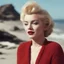 Placeholder: Marilyn monroe, messy hair bun,,, in a large red woollen sweater, v collar,on the beach, in the sun