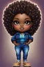 Placeholder: vibrant psychedelic pop punk image, airbrush, 48k, cartoon art image of a plus size chibi dark skinned Black female wearing a sapphire blue jean outfit with timberland boots. Prominent make up with brown eyes and lush lashes. Highly detailed tight curly ombre afro