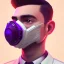 Placeholder: man, cute face, white highlight hair, brown eye, white, skin, purple suits, futuristic, science, purple, blue, dark pink background lighting, technology, profile, asian boy, square face, light orange, pug nose