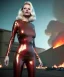 Placeholder: retro sci-fi portrait image from 1980, supermarket parking explosion, fire, scared people, blonde woman walking, sweet Kate moss face, tight latex suit, soft color, highly detailed, unreal engine 5, ray tracing, RTX, lumen lighting, ultra detail, volumetric lighting, 3d, finely drawn, high definition, high resolution.