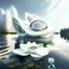 Placeholder: Floating house on the lakefront water plants and flowers futuristic style Zaha Hadid white ink art creamy glasses creative 8k