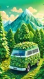 Placeholder: green small fatty electric camper van made of leaves over beautiful landscape blue sky sunrise isometric , felt art