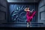 Placeholder: modern stage with gray-blue theme artistic decoration , color full dynamic lighting, a beautiful lady in modern maxy dark purple red dress with shining silver jwells dancing, 3D recursive fractal structure animating background