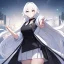 Placeholder: masterpiece, best quality, female, long white fluffy hair, hair between eyes, pointing, wearing a white shirt with a black collar, wearing a black vest, wearing a white skirts, {{{half body}}}, very dark black eyes