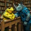 Placeholder: close up photo from a big and fat yellow-green anthropomorphic frog hybrid leaning on an old wooden banister in simple human clothes talking with a strong anthropomorphic rhinoceros without horns in blue modern security guard clothes, they talking and elbowing on an old wooden railing, in background a bibliothek with tall book shelves, detailed sci-fi, fantasy mood