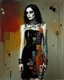 Placeholder: Abstract art, hand assembled, full body female goth rocker portrait from found objects collage, random textile textures, mixed media, Wassily Kandinsky, Jerry Uelsmann, Paul Klee, double color exposure, surreal, otherworldly, dark noir, atmospheric, decayed, sorrowful, forlorn