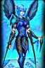 Placeholder: a person in runic armor with blue wings, blue short hair, runic tattoo and spell book