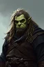 Placeholder: Rotund, pale light green orc warlock, long light brown tousled hair, no beard, dark robes over tanned leather armor, heavily pierced