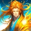 Placeholder: Ryuujiro appears ethereal, his form almost translucent, as if existing between realms. He possesses long, flowing hair the color of golden-brown, reminiscent of molten sunlight, with strands shimmering in an otherworldly glow. His eyes, a piercing icy-blue, exude a hint of mischief and mystery, flickering like dancing flames. Adding sophistication to his angular face is a neatly trimmed goatee. He wears robes adorned in bright and vibrant colors, enhancing his playful demeanor.