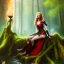 Placeholder: romantic fantasy spray painting, portrait of cute smiling green eyed red head robed elven princess bride ,sitting on a branch, loosing torch in magical forest by waterfall