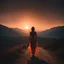 Placeholder: dark night, watching a woman from behind wearing a sleeveless dress who is walking towards a beautiful orange sunrise in the distance, mountains and forests around, photo quality, dark orange glow