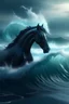 Placeholder: A tsunami wave crashing out of the ocean with head of a transparent liquid horse, 3d render, conceptual art, dark fantasy, poster, cinematic