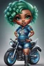 Placeholder: create an airbrush illustration of a chibi cartoon voluptuous black female wearing a blue jean outfit with biker boots. Prominent make up with hazel eyes. Extremely highly detail of a very low green pixie haircut. Background of a bike show.