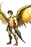 Placeholder: Anime man side character with dark , hybrid with dinosaur and wings,small muscles, aged 30, wearing a dinosaur with wings superhero suit ,anime