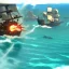 Placeholder: two pirate ships fighting each other at sea. They fire cannons at each other and one ship is hit and burns.