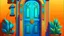 Placeholder: Fantasy cartoon illustration: a beautiful blue and brown door on a colorful house