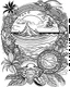 Placeholder: coloring pages for kids,Pacific island shaped logo Japanese ink painting, muted colors, including Dark black highlights to draw attention , rice paper texture, splashed paint, tropical beach, paradise, sea turtles, yellow sun, a Polynesian warrior , Art drawing ; ink , super detailed, text a the bottom “Tonga”, anime cartoon style, thick lines, low detail, black and white, no shading, --ar 85:110