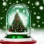 Placeholder: beautiful christmas snow globe inside a room with green walls and christmas wallpaper with snow fall in the window and in the snow globe, bright light shining through the snow globe with christmas elements inside