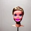 Placeholder: Foto realista. Una Cabeza de muñeca barbie decapitada sin cuerpo. Foto de estudio. Pared de fondo. Colores vibrantes. Gran angular.