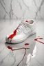 Placeholder: a one white air force 1 resting on the side dirty with red lipstick that drips on a white and grey marble floor , hyper realistic, 14K, Canon 24mm, wide lens