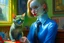 Placeholder: kitten girl secret agent joker in an office in sunshine, very detailed, oil painting