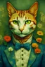 Placeholder: simp cat face on man body , Vincent van Gogh style, with flowers