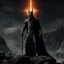 Placeholder: Sauron the mighty lord of darkness standing on a rock in the dark land of Mordor,A superhero MAN with infinite power and technology from the galactic race,with great army