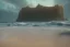 Placeholder: Small shipwreck at beachside overlooked by a craggy cliffside, fantasy, mystical, lightshafts, storm in the distance