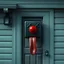 Placeholder: doorbell with a red buzzer button on a suburban house front door that has X's for eyes and a tongue hanging out sideways, concept art, digital art, hyperrealistic,