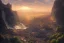 Placeholder: beautiful waterfall between lush mountains in the sunset casting rays of light into medieval city below, highly detailed, baroque, brutalist architecture, sharp focus, artgerm, cgsociety, desaturated by syd mead