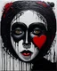 Placeholder: Black heart and face and blood and oil paints by Hans Richter; romantic-impressionism expressionist style oil painting,-impressionist impasto acrylic painting, thick layers of black textured paint,ultra reality,bright colors,8k,thick white paint,silver and white,Free will is a black herring; Klimt; Hundertwasser; controversial; stupendous; transcendent,