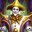 Placeholder: fantasy 90's tcg art of a heroic happy male jester wearing a white mask and golden costume