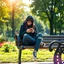 Placeholder: warm sunny day in a city verdant park in middle of summer with flowers blooming, modern emo teen girl with ripped jeans and a dark hoodie is sitting criss-crossed legs on bench with her head buried in her cell phone, sun glare, songbird perched on bench armrest, stunning, warm atmosphere