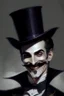 Placeholder: Strahd von Zarovich with a handlebar mustache wearing a top hat with a smile, closed eyes and question marks