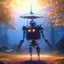 Placeholder: clairvoyant robot in robes and with a spider umbrella, on a mission through the seasons, hills and trees, motion blur, 8k, downlight, soft light, depth of field, photorealism, trending on art station, lotsa detail