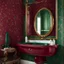 Placeholder: a big powder room with a classic metal sink and big mirror, vibrant burgundy and pine green colors, eclectic wallpaper --ar 1:1