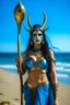 Placeholder: A picture of a beautiful blue faced indian goddess with skin painted blue, blue painted body, blue painted torso, wild black hair, stag antlers, elven ears, golden skirt, holding a staff on a sunny beach