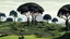 Placeholder: Beautiful landscape with trees, earth opens up and breaks down in black polygons.