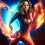 Placeholder: Captain Marvel,flying in the sky, hair on fire, realistic, vibrant colors, Kate beckinsale's face, long hair, gold angel wings, full body, in space, muscular, hyperrealistic, airplane, deathstar, facemask, topless, nuclear explosion, beauty happy face