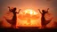 Placeholder: a nuclear explosion cloud(middle), the wind and smoke from the explosion forming shapes of dancing women(left and right sides), worship