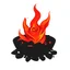 Placeholder: a fire pit with dark embers and the flames spiral outward like petals to make the shape of a rose flower(red) , black and red Vector on white background