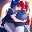 Placeholder: Clear Focus, High resolution, wearing a maid uniform, fluffy hair and a long ponytail, blue hair, cat ears, meowing, hugging another girl with red long fluffy hair also wearing a maid outfit