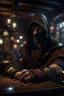 Placeholder: portrait of shady thief ninja card game in an english style tavern, in the style of fantasy movies, photorealistic, shot on Hasselblad h6d-400c, zeiss prime lens, bokeh like f/0.8, tilt-shift lens 8k, high detail, smooth render, unreal engine 5, cinema 4d, HDR, dust effect, vivid colors