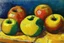 Placeholder: Abstract impasto oil painting of an apples on a table in the style of cezanne style of William Turner