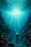 Placeholder: A view of atlantis the lost city under the ocean water with marine plants and a submarine is sinking underwater and small divers are diving around , cinematic scene with fish and sharks around, high quality picture with rough water